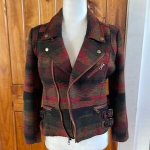 Anthropologie Capulet Aztec Moto Jacket Blazer Small red black brown wool blend